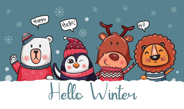 Vector hello winter background with cute animal