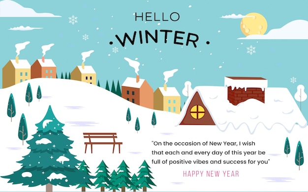 Ciao banner invernale con paesaggio naturale invernale. augurandovi un felice anno nuovo 2023.