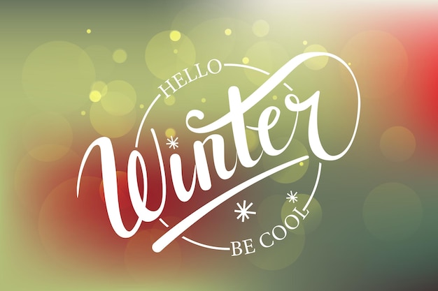 Vector hello winter be cool hand written text. brush lettering at blue winter background with snowflakes. vector card design with calligraphy. winter typography. winter card, banner or flyer template.