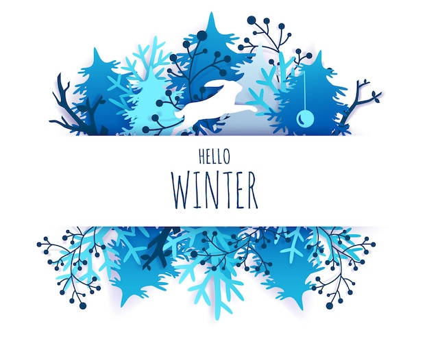 Hello winter card hand lettering typography vector paper cut illustration