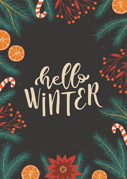 Hello winter card with christmas decorations