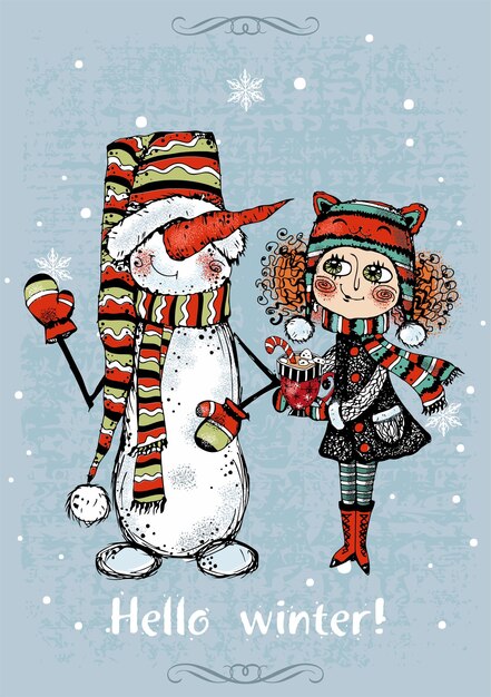 Привет зимняя рождественская открытка с милой девушкой и снеговиком. вектор