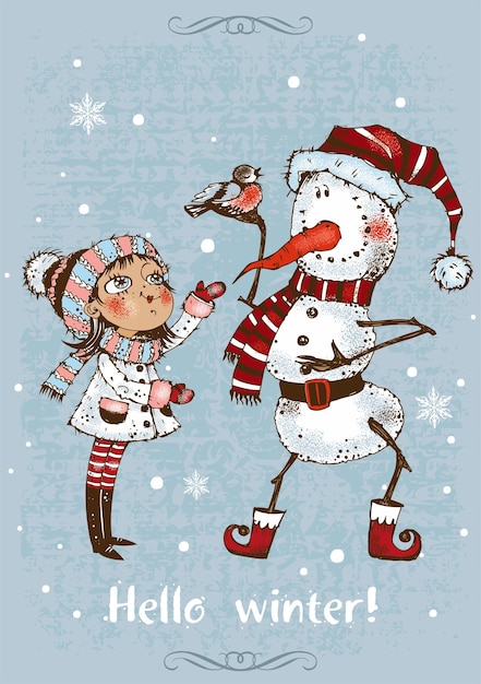 Vector hello winter christmas card with a cute girl and a snowman vector