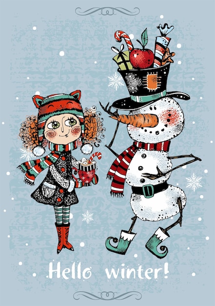 Vector hello winter christmas card with a cute girl and a snowman vector