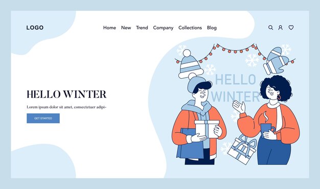 Vector hello winter concept festive season web banner with happy people exchanging gifts under holiday