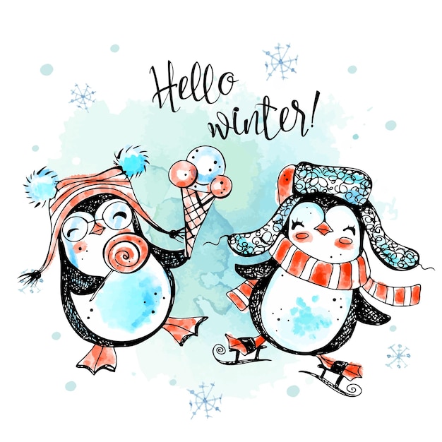 안녕하세요 겨울입니다. 모자에 재미 있는 새 해 펭귄입니다. 새 해 카드입니다. 수채화 그래픽입니다. 벡터.
