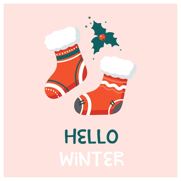 Hello winter greeting card with socks