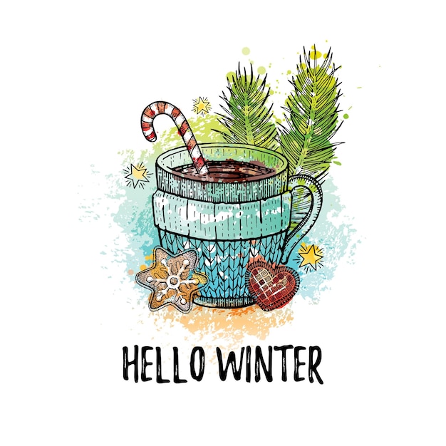 Вектор hello winter нарисованный вручную плакат с каракулями чашка горячего чая и кофе симпатичная концепция праздника эскиза значок линии на акварельном гранж-фоне всплеск векторная иллюстрация изолирована на белом для открытки с печатью футболки