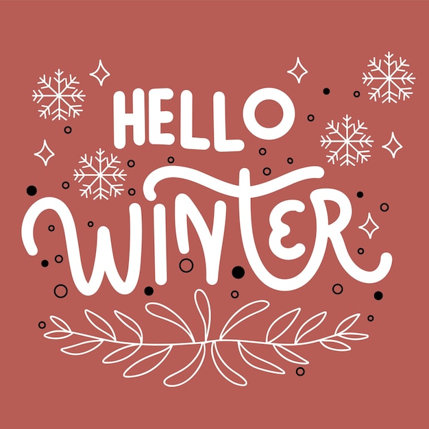 Testo della scrittura hello winter logo dell'iscrizione hello winter ed emblemi per la carta di invito