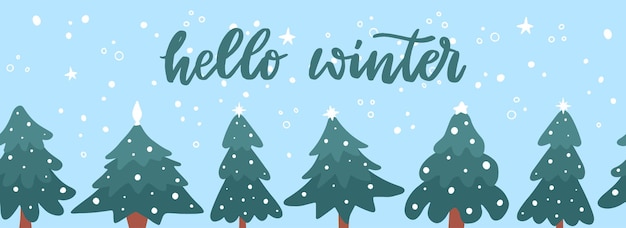 Hello winter horizontal banner decorated with trees