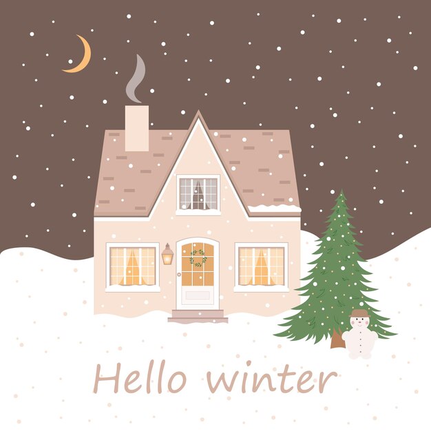 Vector hello winter house whit snow christmas tree snowman night