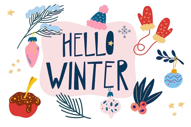 Hello winter items. Cozy winter. Winter season element set. Hand drawn collection with New Year and winter holiday symbols. Modern colorful vector illustration for poster, greeting cards, nursery