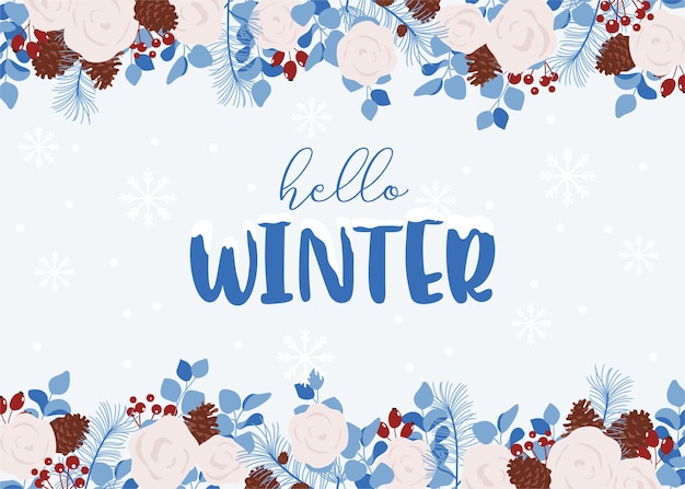 Vector hello winter lettering card with floral border