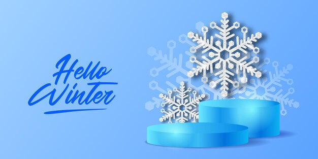 배경 장식을 위한 반짝임과 연단 무대 제품 디스플레이가 있는 크리스탈 눈송이의 Hello Winter Luxury 우아한 장식