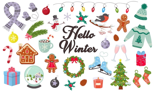 Vector hello winter and merry christmas set of elements