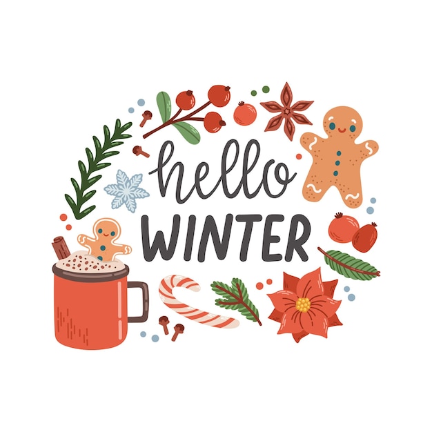 Vector hello winter phrase with wreath lettering isolated vector illustration