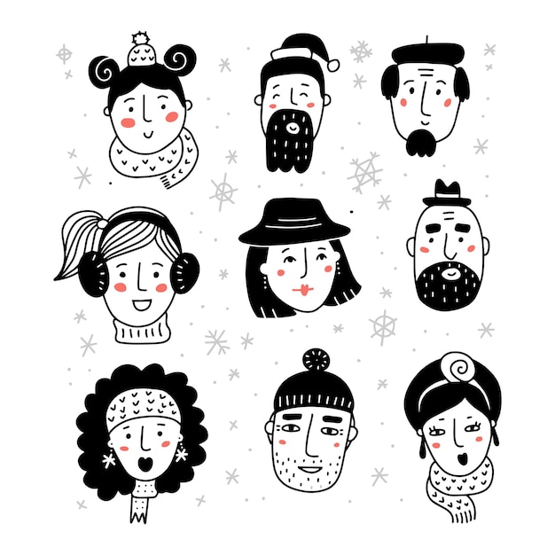 Hello winter set black and white portraits of various women and men in warm beautiful hat and scarf ...