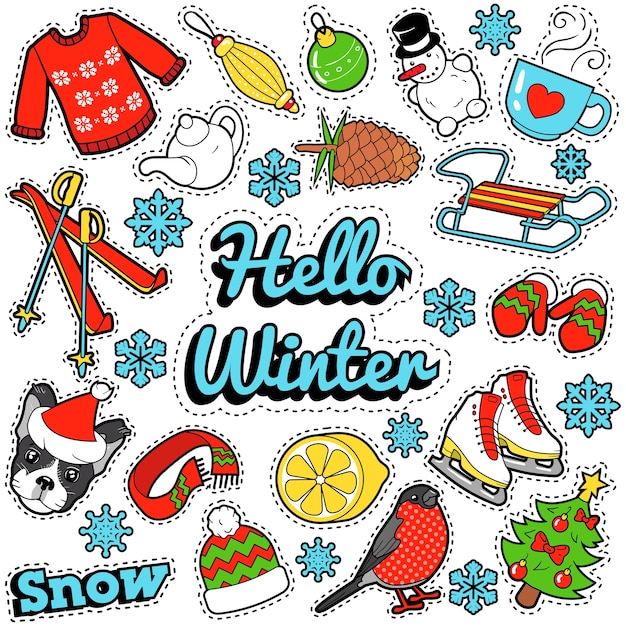 ベクトル こんにちは冬のステッカー、バッジ、パッチの装飾セット、雪、暖かい服、クリスマスツリー。いたずら書き