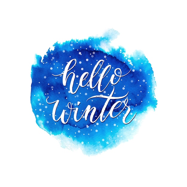 Vector hello winter text on blue watercolor blot isolated on white background winter lettering on hand painted vector watercolour stain for card poster banner print