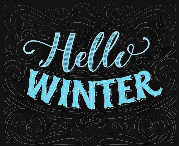 Vector hello winter text vintage chalk lettering on blackboard with swirls and decorations