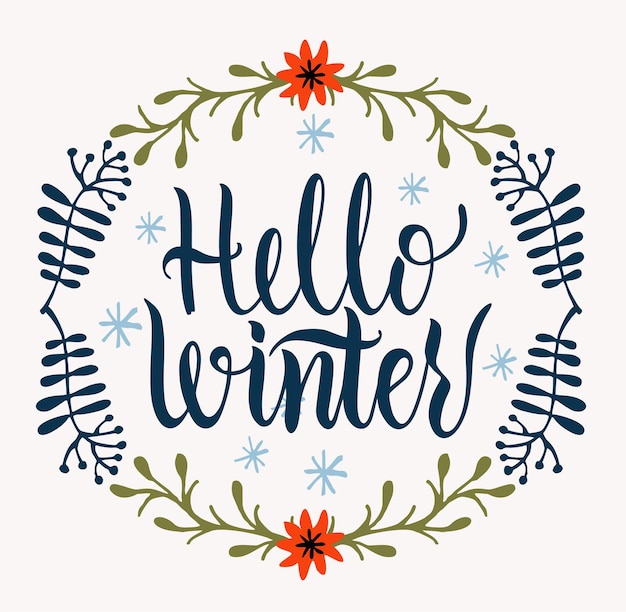 hello winter text winter background with hand drawn winter elements and text made with brush and ink