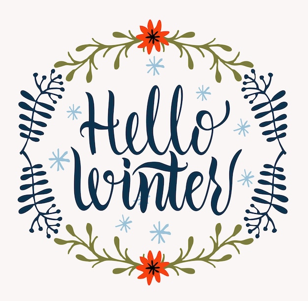 Vector hello winter text winter background with hand drawn winter elements and text made with brush and ink