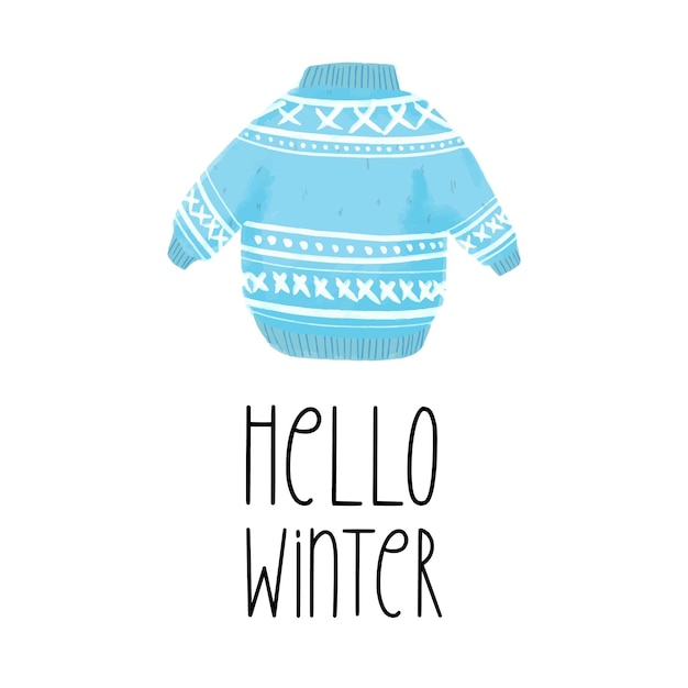 Hello winter text with blue sweater illustration isolated on white background