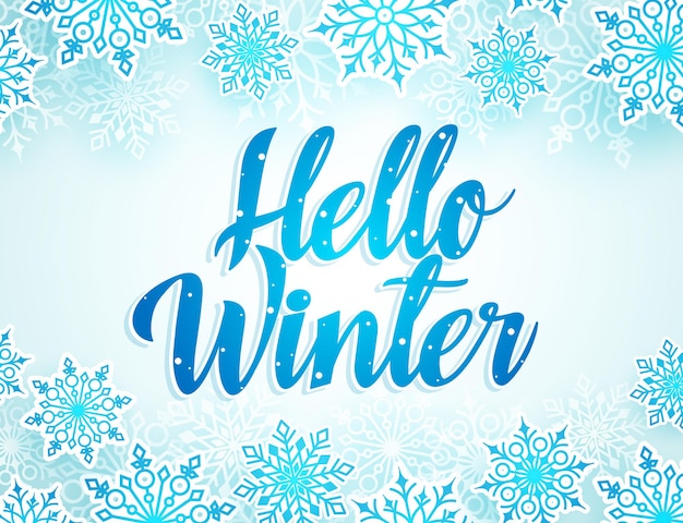 Hello winter vector greetings design with blue typography and snow flakes elements