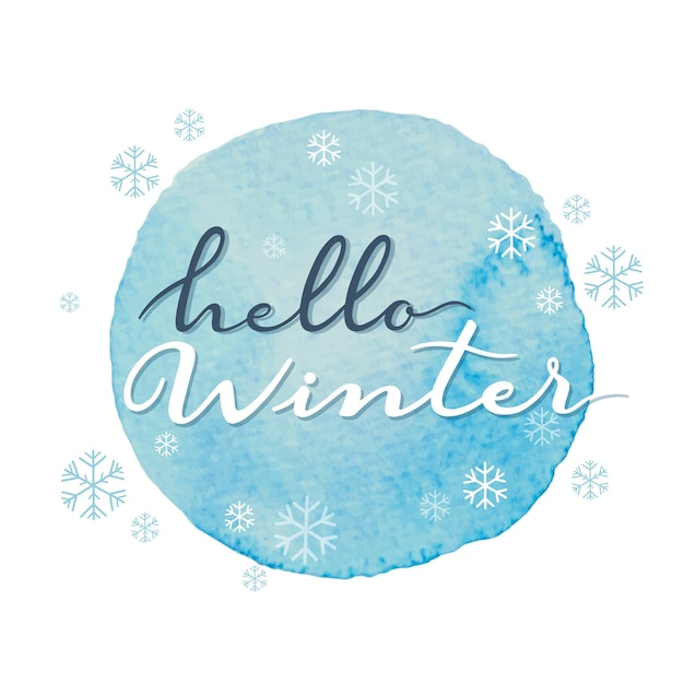 Vector hello winter vector handwritten calligraphy on blue round watercolour.