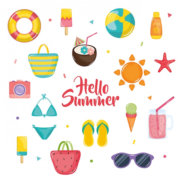 Illustrazione di estate hellow con elementi di vacanza
