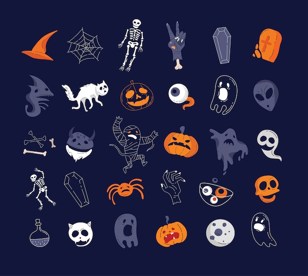 Vector helloween-karakters en elementeninzameling.