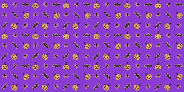 Helloween pattern with bats spiders and pumpkins on a purple background