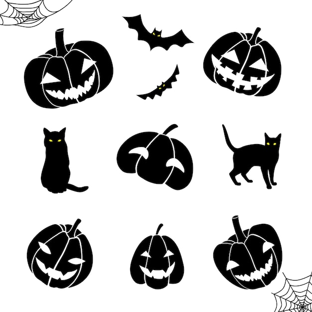 Vettore helloween ha impostato il modello di taglio del pipistrello del gatto della zucca in bianco e nero
