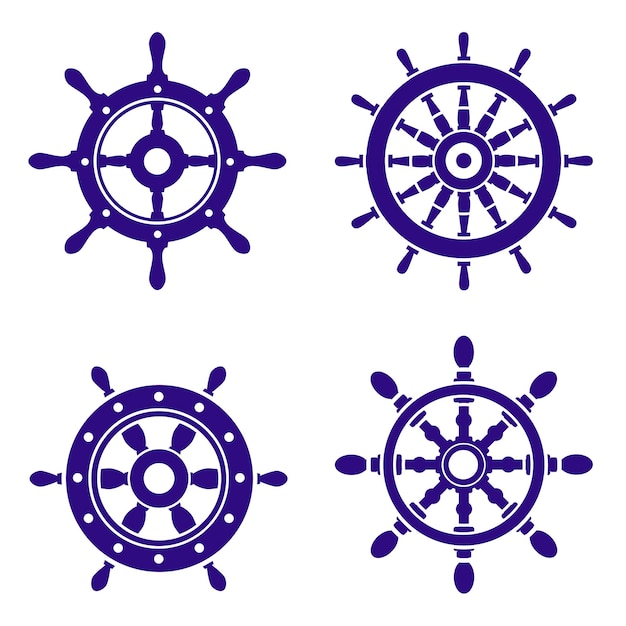 Helm wheel boat silhouettes set Rudder of a ship