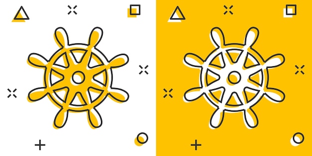 コミック スタイルのヘルム ホイール アイコン分離白地船ドライブ スプラッシュ効果ビジネス コンセプトのステア漫画ベクトル図をナビゲートします。