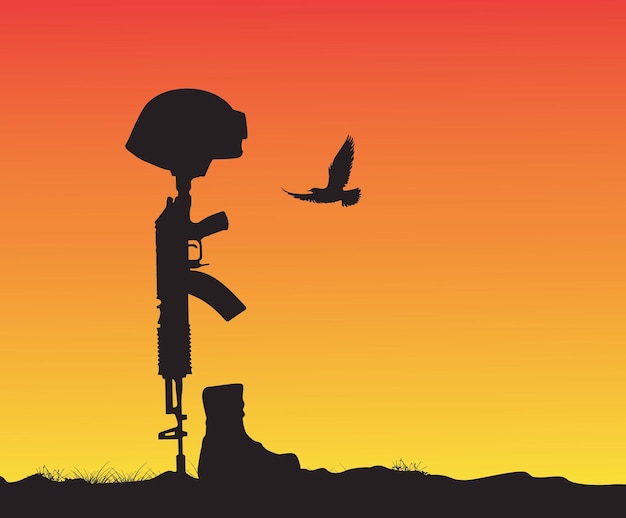 Vector helmet gun and rifle in combat boots silhouette on sunset fallen soldier symbol silhouette