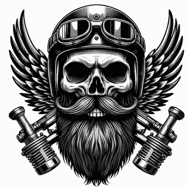 Helmeted Skull Charm Retro Styled Vector Illustration with Beard