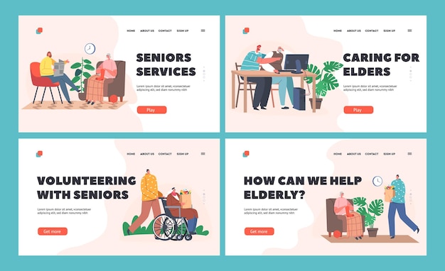 Help or Assistance to Aged Persons Landing Page Template Set Caregiver Characters Care of Elderly People Bring Food Walk Teach Use Pc Caregiving Social Help to Seniors Cartoon Vector Illustration