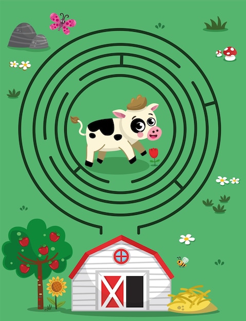 子供のための納屋の迷路ゲームに到達するために乳牛を助けるベクトル図