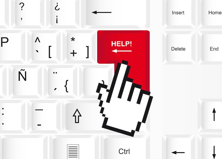 Vector help button over keyboard background, vector illustration