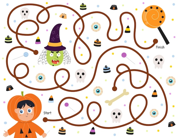 Help a cute boy in pumpkin costume find path to the candy. Halloween maze game for kids