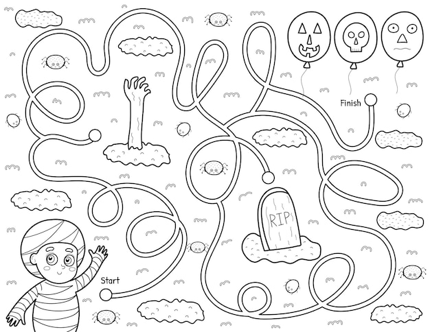 Help a cute kid in mummy costume find path to the balloons. black and white halloween maze game