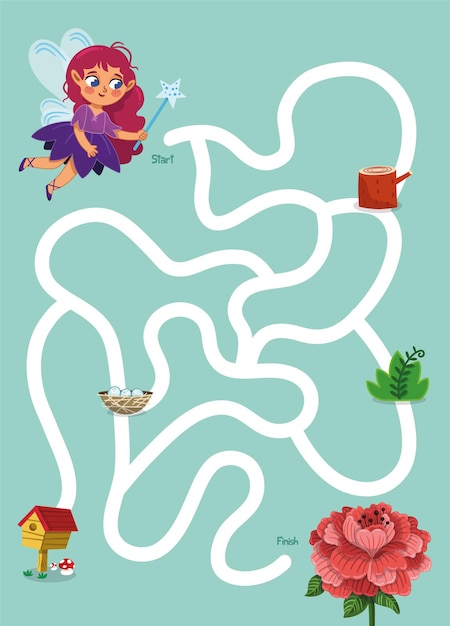 Help the fairy to rich the flower maze game for kids vector illustration