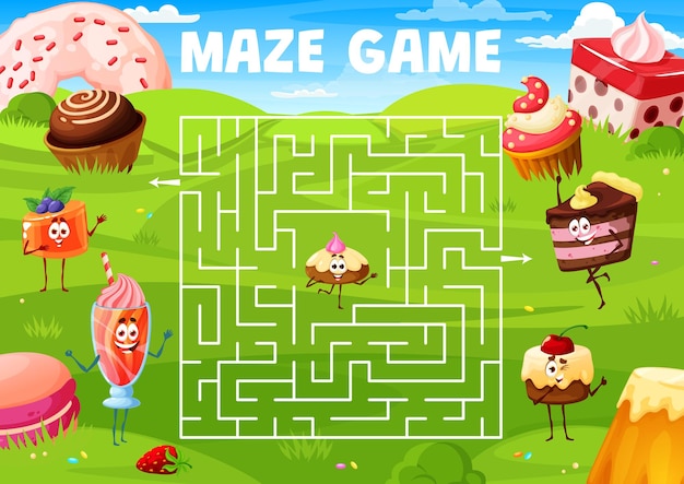 Help to find exit for cartoon funny cake character on meadow labyrinth maze Kid vector board game worksheet with jelly pudding cocktail pie or cupcake personages search correct way boardgame teaser