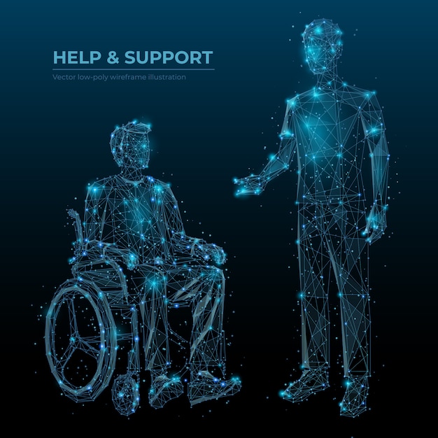 Help and support low poly wireframe banner template. disabled people care social media post polygonal design. invalid in wheelchair and caretaker 3d mesh art with connected dots