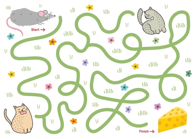 Помогите милой мышке найти правильный путь к сыру лабиринт для детей страница активности с забавной мини-игрой с крысами