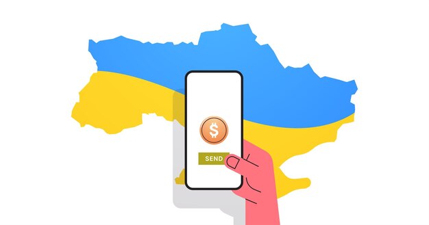 Aiuta l'ucraina e la mano umana utilizzando la donazione dello smartphone per aiutare l'illustrazione vettoriale piatta