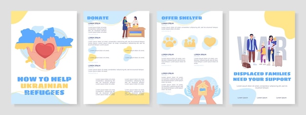 Help ukrainian refugees flat vector brochure template booklet leaflet printable flat color designs simple magazine page reports kit with text space sigmar one balsamiq sans comfortaa fonts used