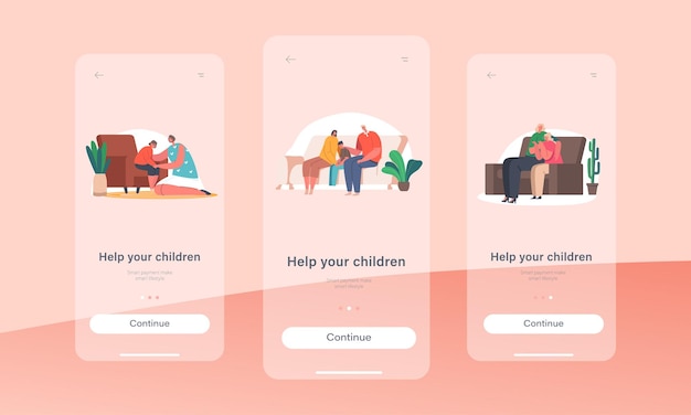 Help your Children Mobile App Page Onboard Screen Template Parents Support Kids Father and Mother Comforting Upset Son and Daughter Crying and Feel Upset Concept Cartoon People Vector Illustration