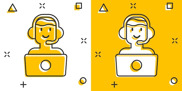 Helpdesk icon in comic style Headphone cartoon vector illustration on white isolated background Chat operator splash effect business concept